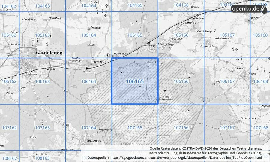 Übersichtskarte des KOSTRA-DWD-2020-Rasterfeldes Nr. 106165