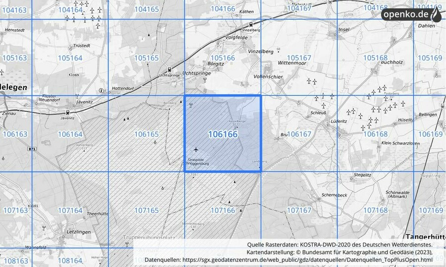 Übersichtskarte des KOSTRA-DWD-2020-Rasterfeldes Nr. 106166