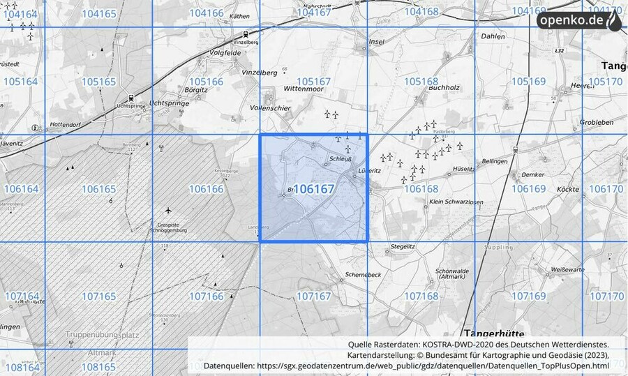 Übersichtskarte des KOSTRA-DWD-2020-Rasterfeldes Nr. 106167