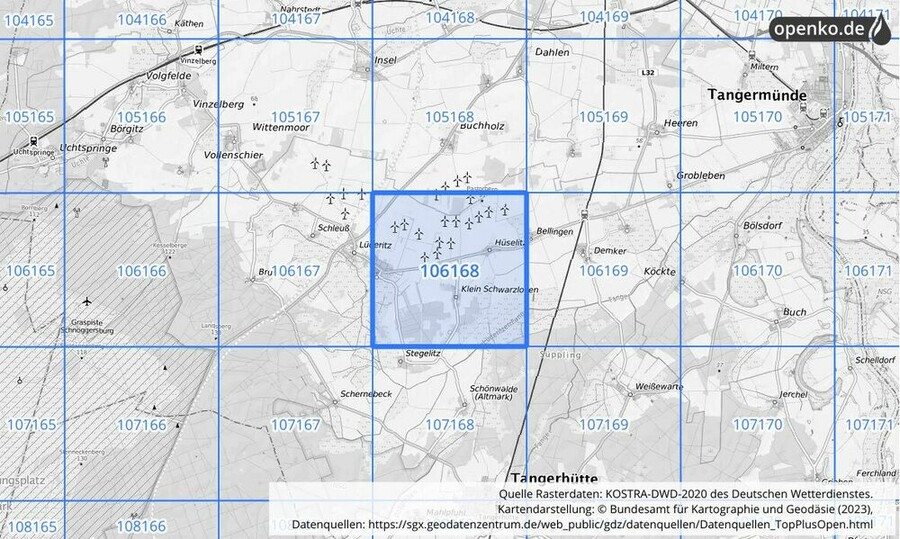 Übersichtskarte des KOSTRA-DWD-2020-Rasterfeldes Nr. 106168