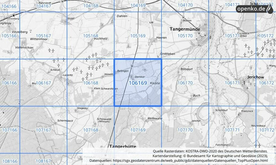 Übersichtskarte des KOSTRA-DWD-2020-Rasterfeldes Nr. 106169