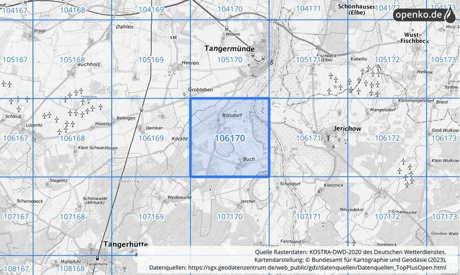 Übersichtskarte des KOSTRA-DWD-2020-Rasterfeldes Nr. 106170