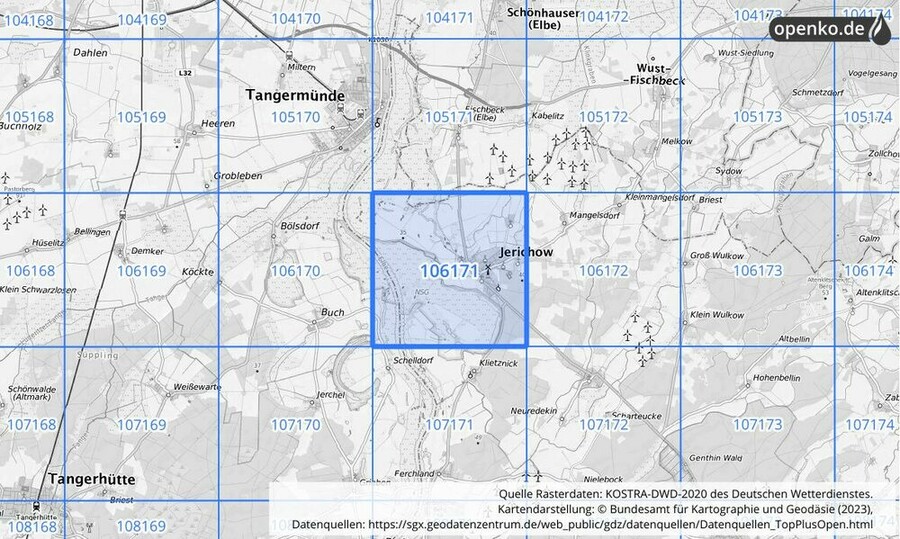 Übersichtskarte des KOSTRA-DWD-2020-Rasterfeldes Nr. 106171