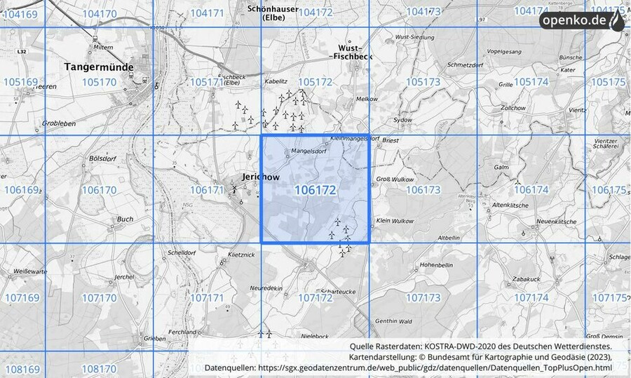 Übersichtskarte des KOSTRA-DWD-2020-Rasterfeldes Nr. 106172