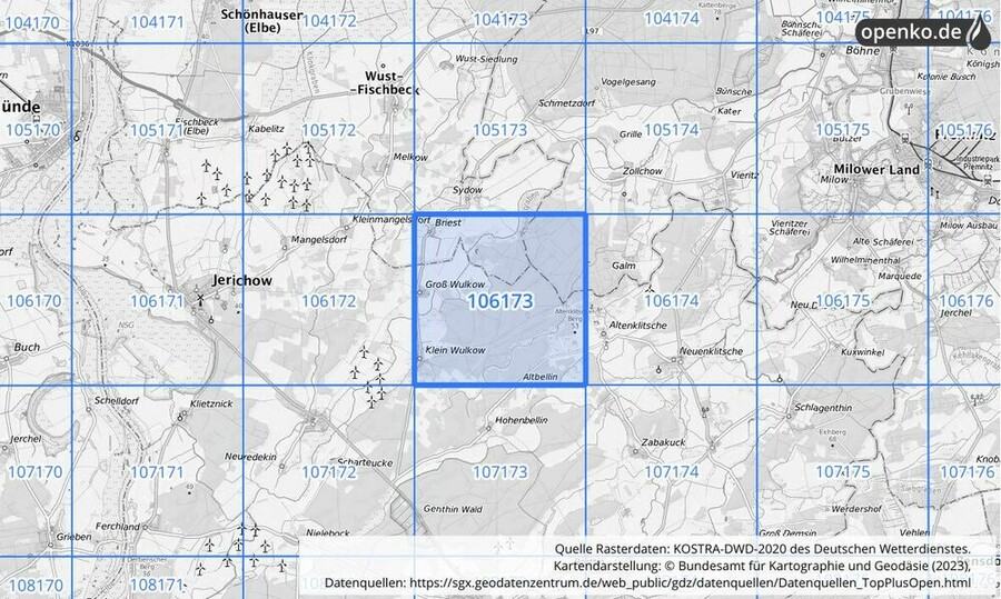 Übersichtskarte des KOSTRA-DWD-2020-Rasterfeldes Nr. 106173