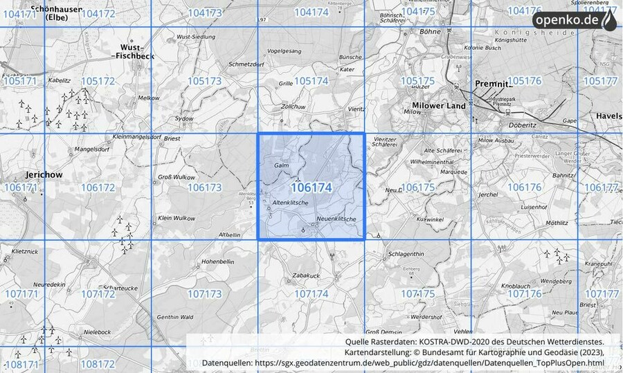 Übersichtskarte des KOSTRA-DWD-2020-Rasterfeldes Nr. 106174