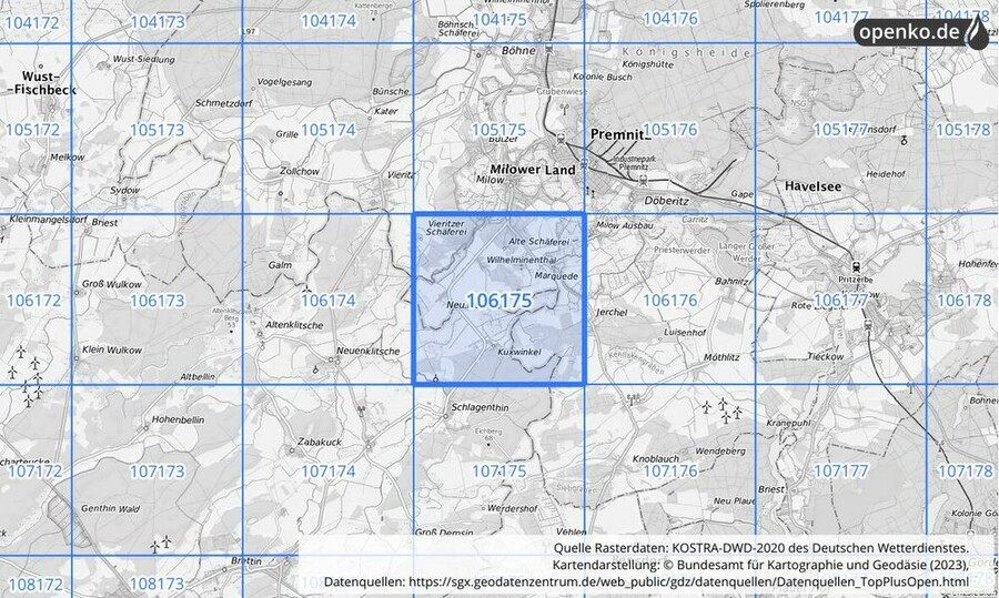 Übersichtskarte des KOSTRA-DWD-2020-Rasterfeldes Nr. 106175