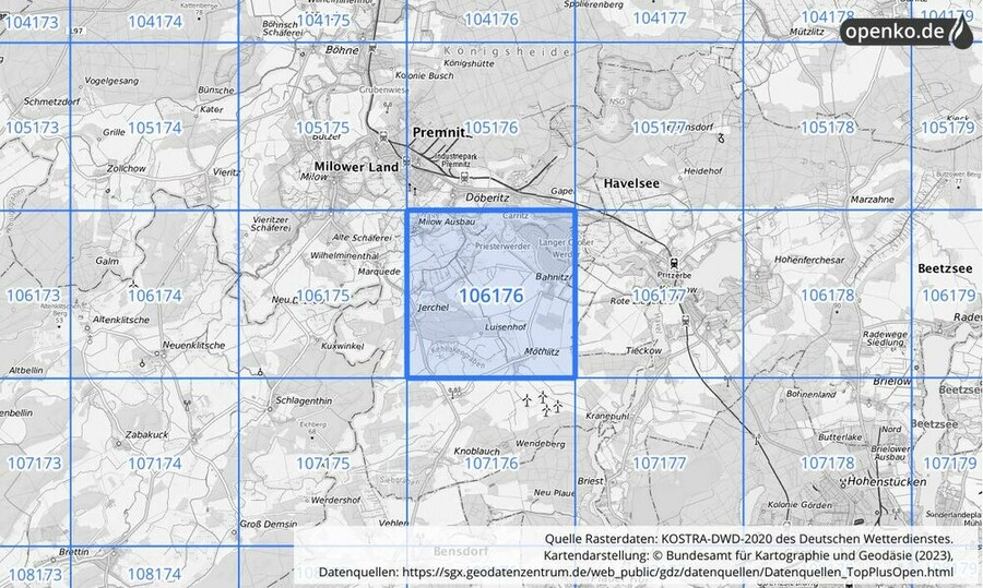 Übersichtskarte des KOSTRA-DWD-2020-Rasterfeldes Nr. 106176