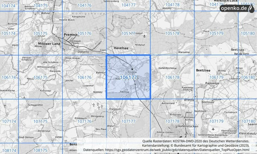 Übersichtskarte des KOSTRA-DWD-2020-Rasterfeldes Nr. 106177