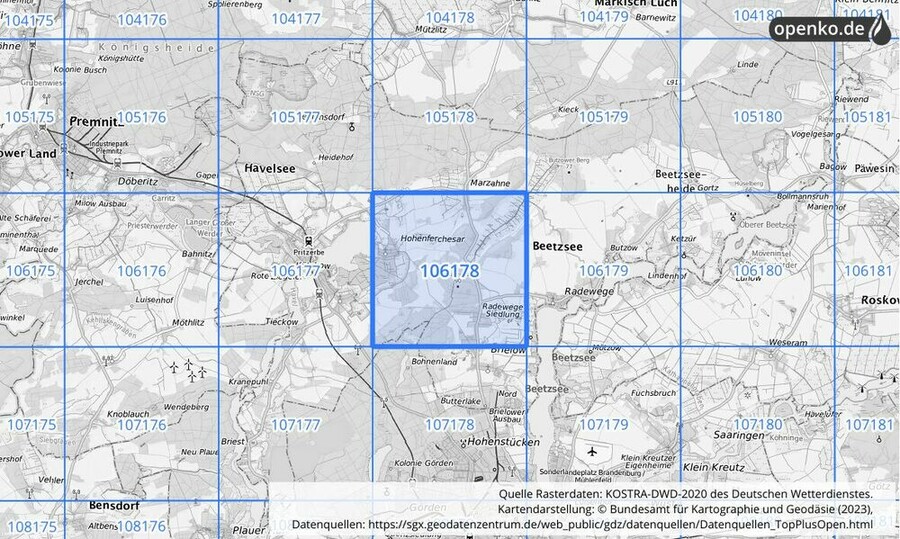 Übersichtskarte des KOSTRA-DWD-2020-Rasterfeldes Nr. 106178