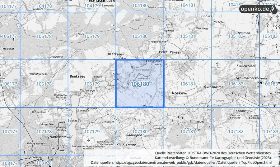 Übersichtskarte des KOSTRA-DWD-2020-Rasterfeldes Nr. 106180