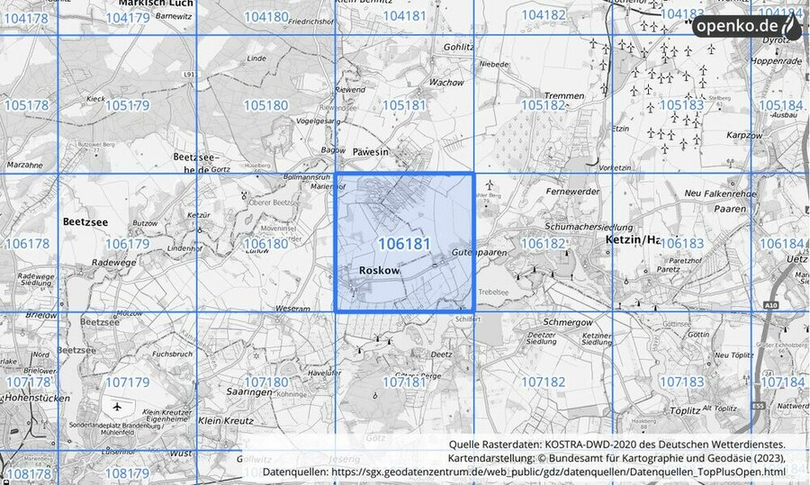 Übersichtskarte des KOSTRA-DWD-2020-Rasterfeldes Nr. 106181