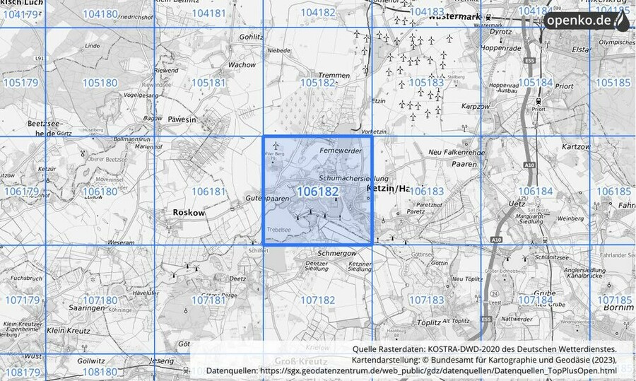 Übersichtskarte des KOSTRA-DWD-2020-Rasterfeldes Nr. 106182