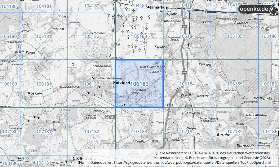 Übersichtskarte des KOSTRA-DWD-2020-Rasterfeldes Nr. 106183