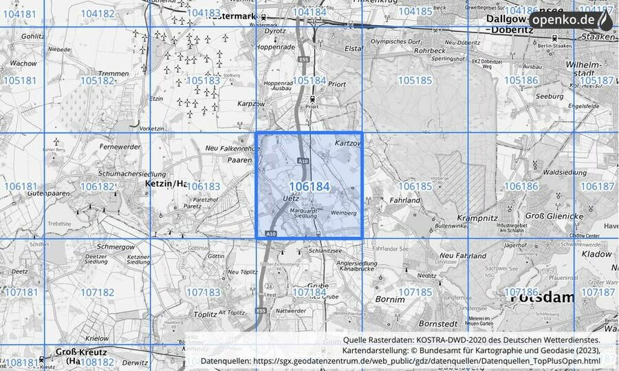 Übersichtskarte des KOSTRA-DWD-2020-Rasterfeldes Nr. 106184