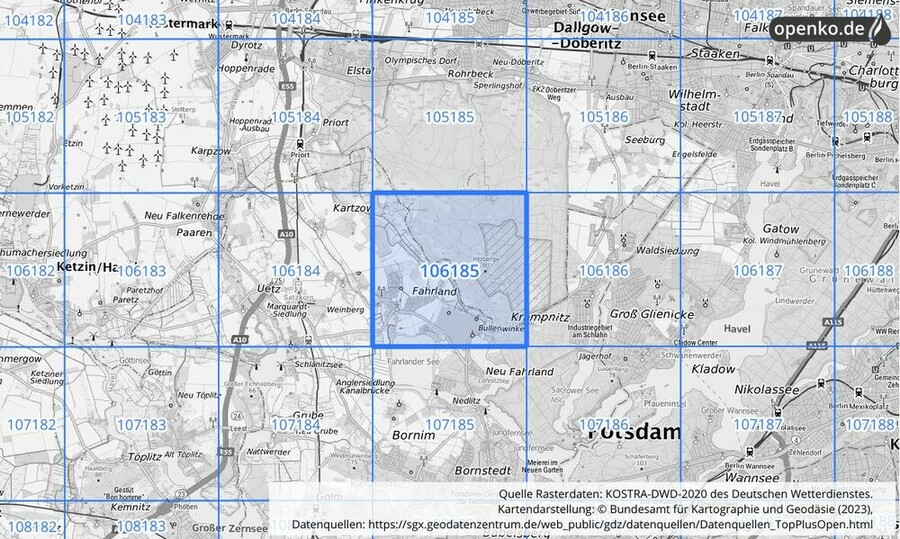 Übersichtskarte des KOSTRA-DWD-2020-Rasterfeldes Nr. 106185