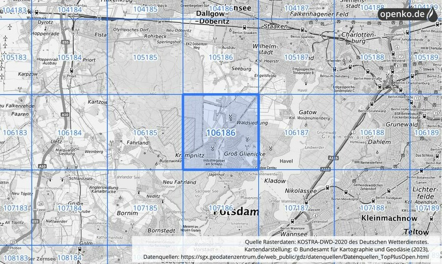 Übersichtskarte des KOSTRA-DWD-2020-Rasterfeldes Nr. 106186