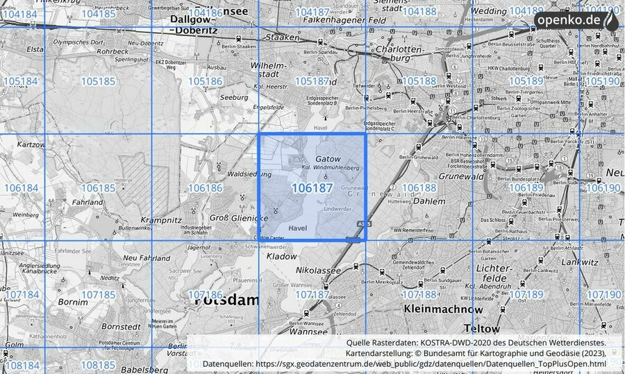 Übersichtskarte des KOSTRA-DWD-2020-Rasterfeldes Nr. 106187