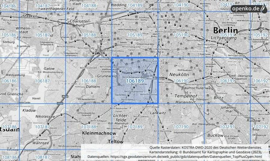 Übersichtskarte des KOSTRA-DWD-2020-Rasterfeldes Nr. 106189