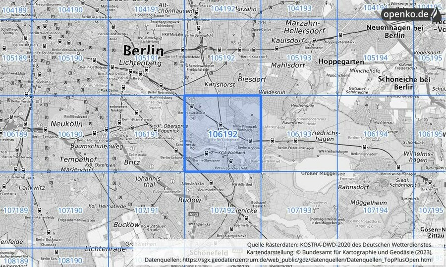 Übersichtskarte des KOSTRA-DWD-2020-Rasterfeldes Nr. 106192