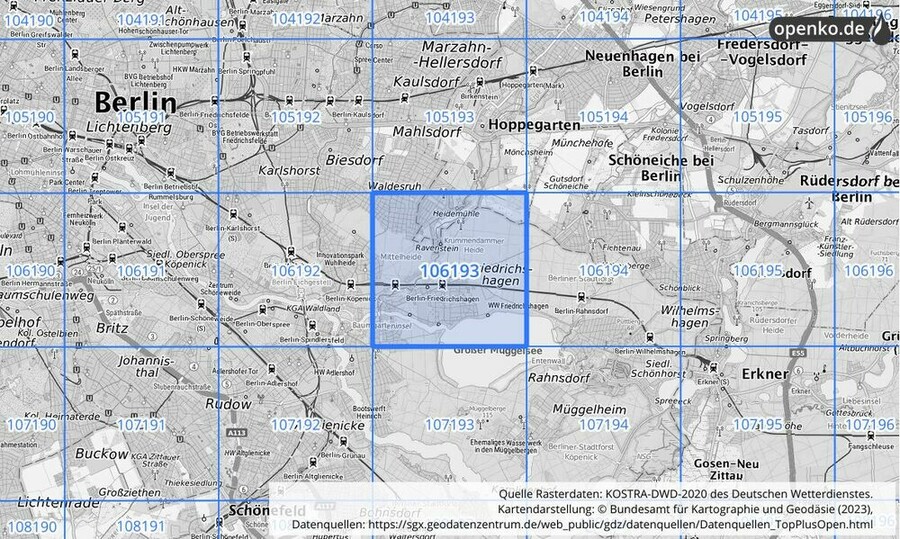 Übersichtskarte des KOSTRA-DWD-2020-Rasterfeldes Nr. 106193