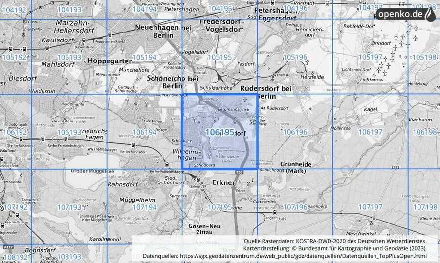 Übersichtskarte des KOSTRA-DWD-2020-Rasterfeldes Nr. 106195