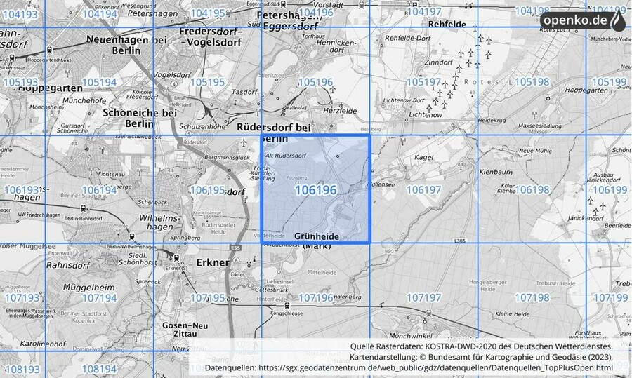 Übersichtskarte des KOSTRA-DWD-2020-Rasterfeldes Nr. 106196