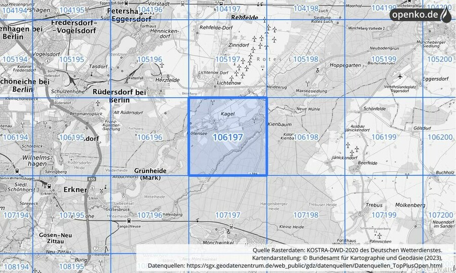 Übersichtskarte des KOSTRA-DWD-2020-Rasterfeldes Nr. 106197