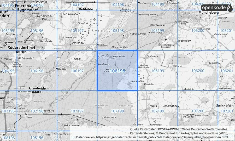 Übersichtskarte des KOSTRA-DWD-2020-Rasterfeldes Nr. 106198