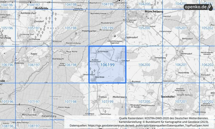 Übersichtskarte des KOSTRA-DWD-2020-Rasterfeldes Nr. 106199