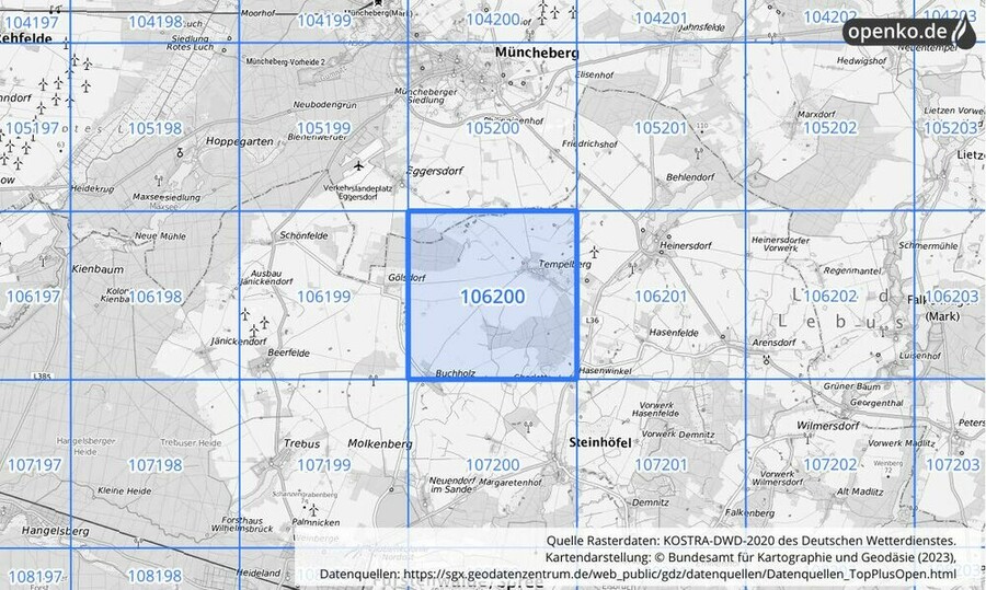 Übersichtskarte des KOSTRA-DWD-2020-Rasterfeldes Nr. 106200