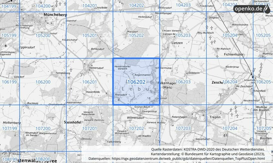 Übersichtskarte des KOSTRA-DWD-2020-Rasterfeldes Nr. 106202