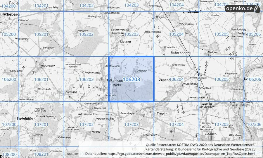 Übersichtskarte des KOSTRA-DWD-2020-Rasterfeldes Nr. 106203