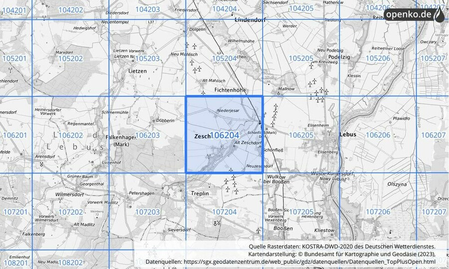 Übersichtskarte des KOSTRA-DWD-2020-Rasterfeldes Nr. 106204