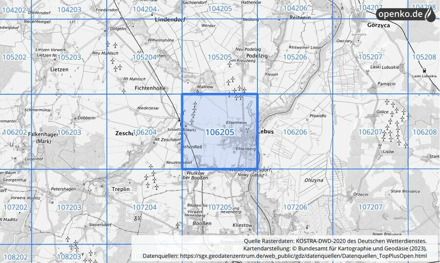 Übersichtskarte des KOSTRA-DWD-2020-Rasterfeldes Nr. 106205