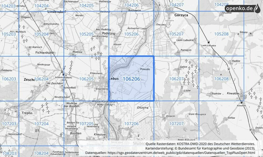 Übersichtskarte des KOSTRA-DWD-2020-Rasterfeldes Nr. 106206