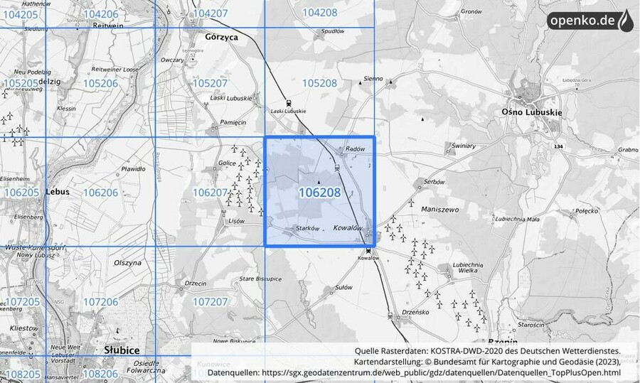 Übersichtskarte des KOSTRA-DWD-2020-Rasterfeldes Nr. 106208