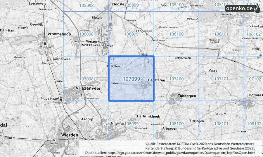 Übersichtskarte des KOSTRA-DWD-2020-Rasterfeldes Nr. 107099