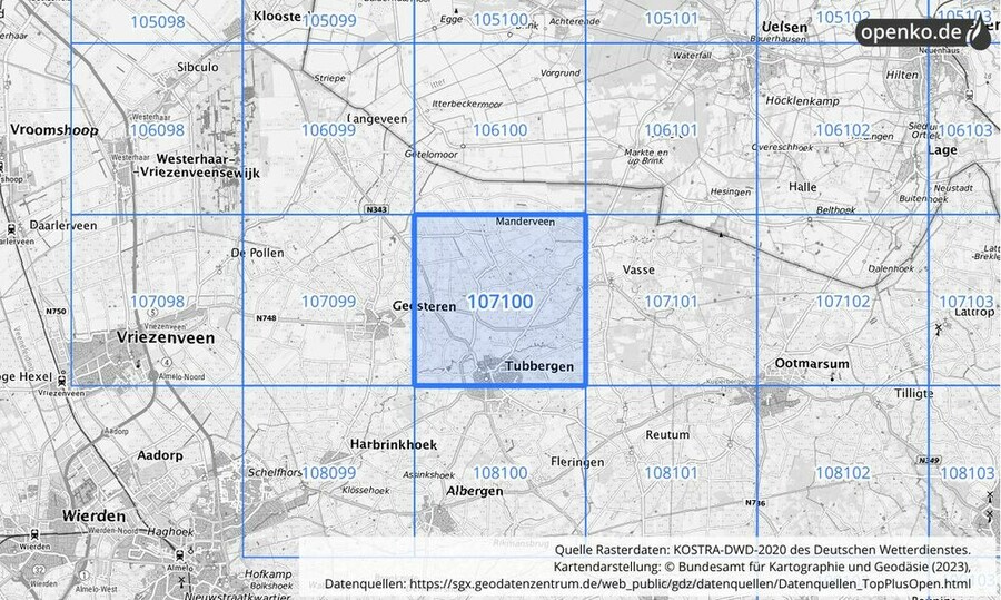 Übersichtskarte des KOSTRA-DWD-2020-Rasterfeldes Nr. 107100