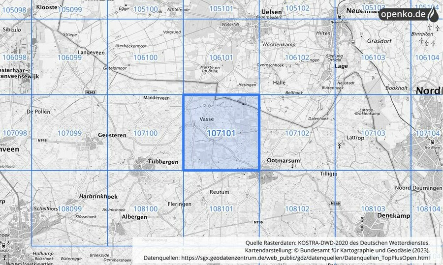 Übersichtskarte des KOSTRA-DWD-2020-Rasterfeldes Nr. 107101