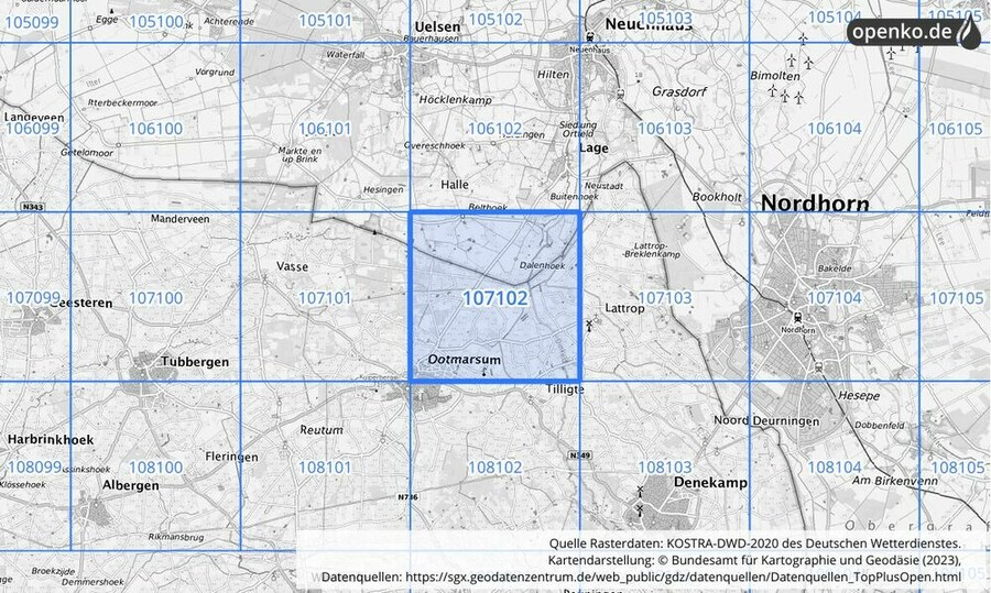 Übersichtskarte des KOSTRA-DWD-2020-Rasterfeldes Nr. 107102