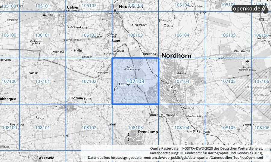 Übersichtskarte des KOSTRA-DWD-2020-Rasterfeldes Nr. 107103