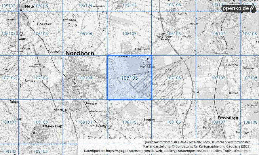 Übersichtskarte des KOSTRA-DWD-2020-Rasterfeldes Nr. 107105