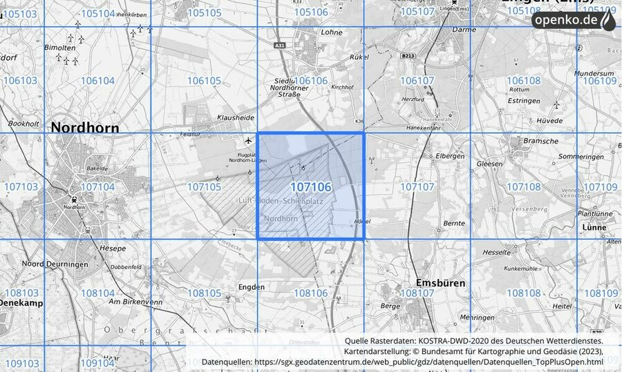 Übersichtskarte des KOSTRA-DWD-2020-Rasterfeldes Nr. 107106