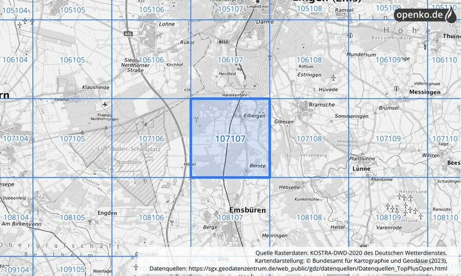 Übersichtskarte des KOSTRA-DWD-2020-Rasterfeldes Nr. 107107