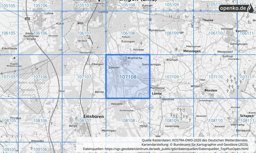 Übersichtskarte des KOSTRA-DWD-2020-Rasterfeldes Nr. 107108