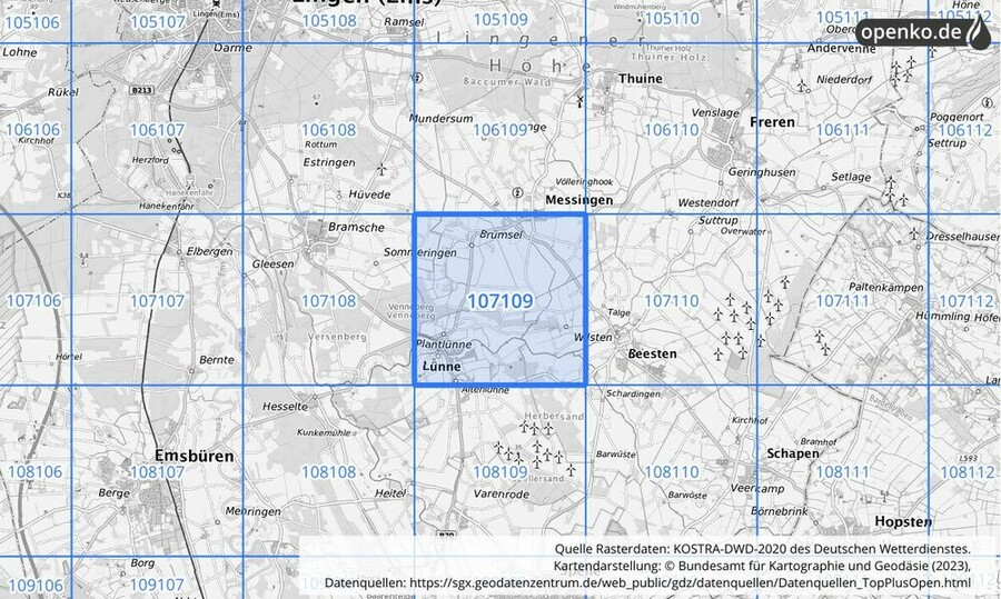 Übersichtskarte des KOSTRA-DWD-2020-Rasterfeldes Nr. 107109