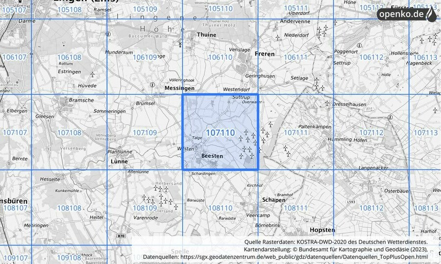 Übersichtskarte des KOSTRA-DWD-2020-Rasterfeldes Nr. 107110