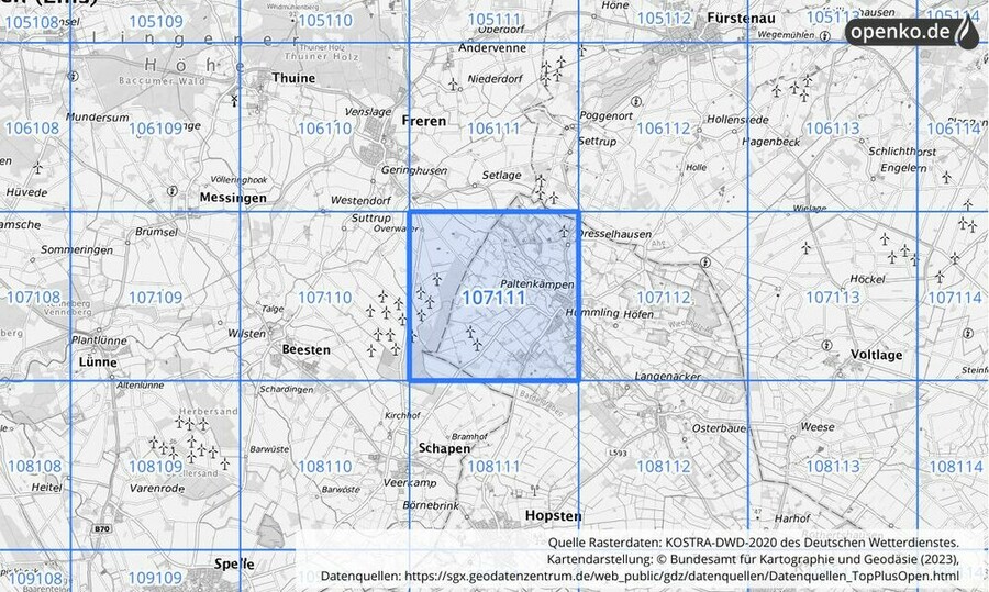 Übersichtskarte des KOSTRA-DWD-2020-Rasterfeldes Nr. 107111