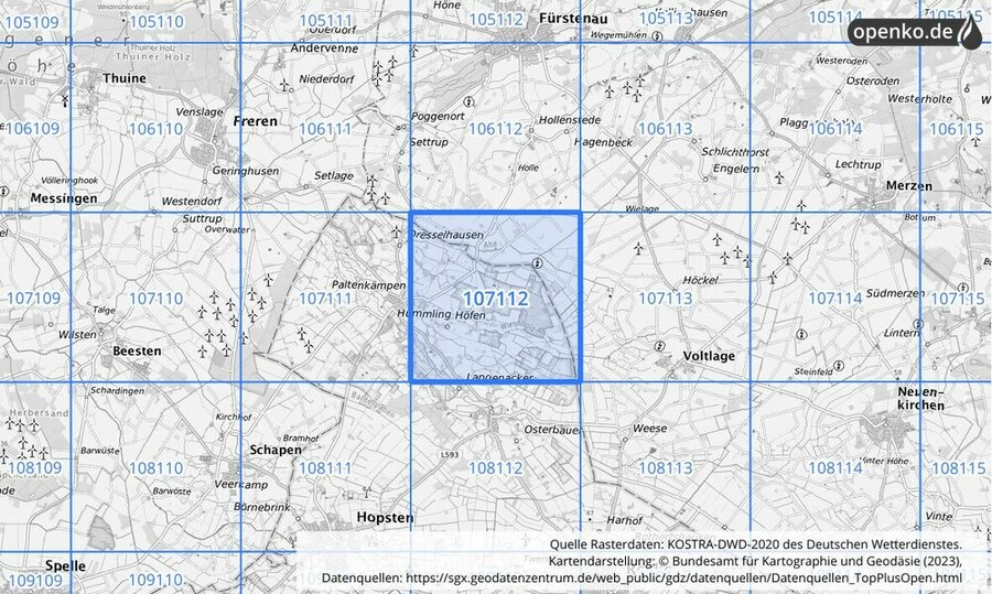 Übersichtskarte des KOSTRA-DWD-2020-Rasterfeldes Nr. 107112